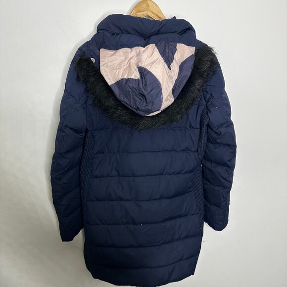 Boden Down Parka Puffer Coat 10 Women Windermere Navy Blue Long Faux Fur Hood - Picture 10 of 12